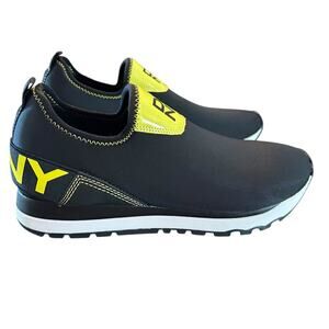 DKNY Jolie-Slip On Sneakers Neoprene Black Neon Yellow Logo NEW 7.5